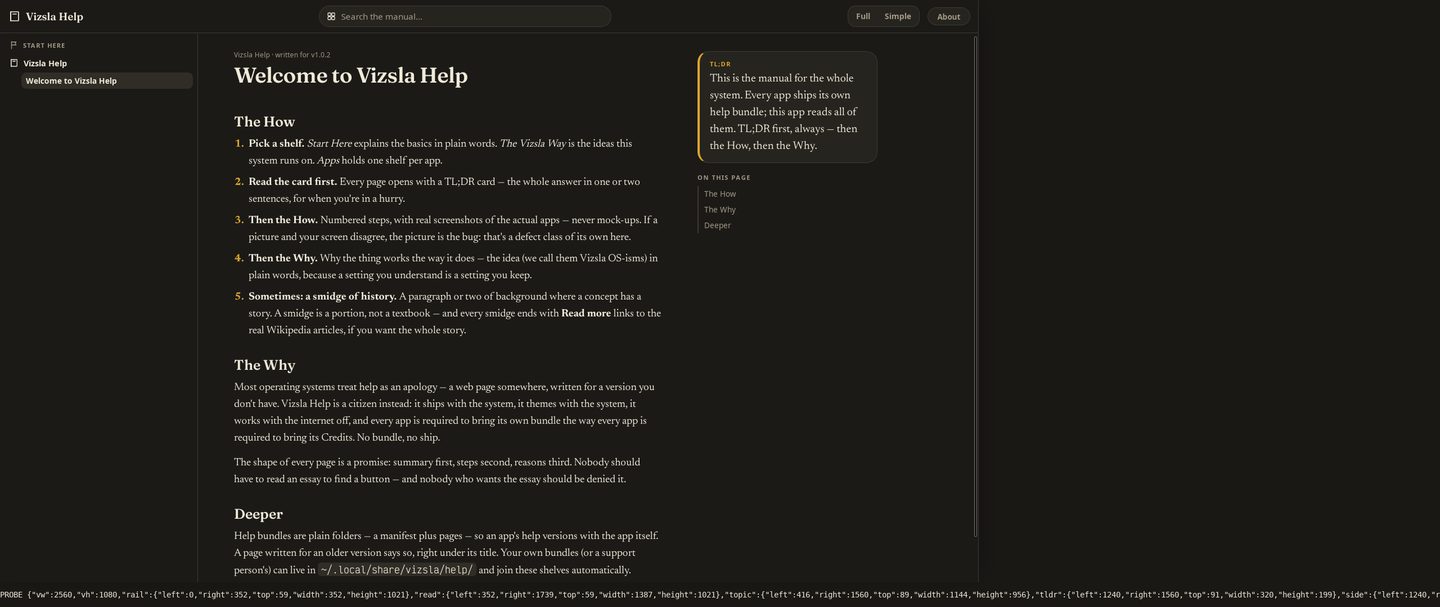 Vizsla Help open on a wide screen, in the dark Bondi theme