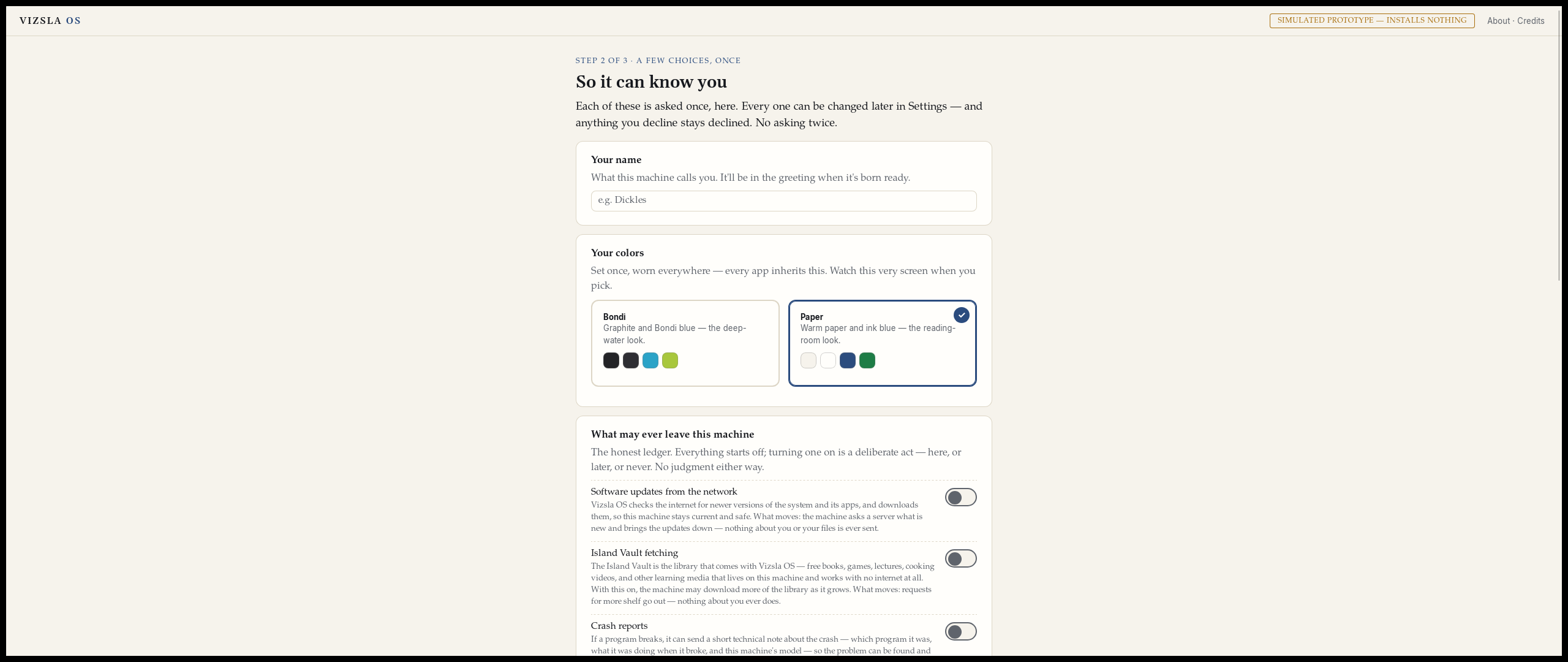 The Choices screen wearing Paper, the light theme, with the choices asked once