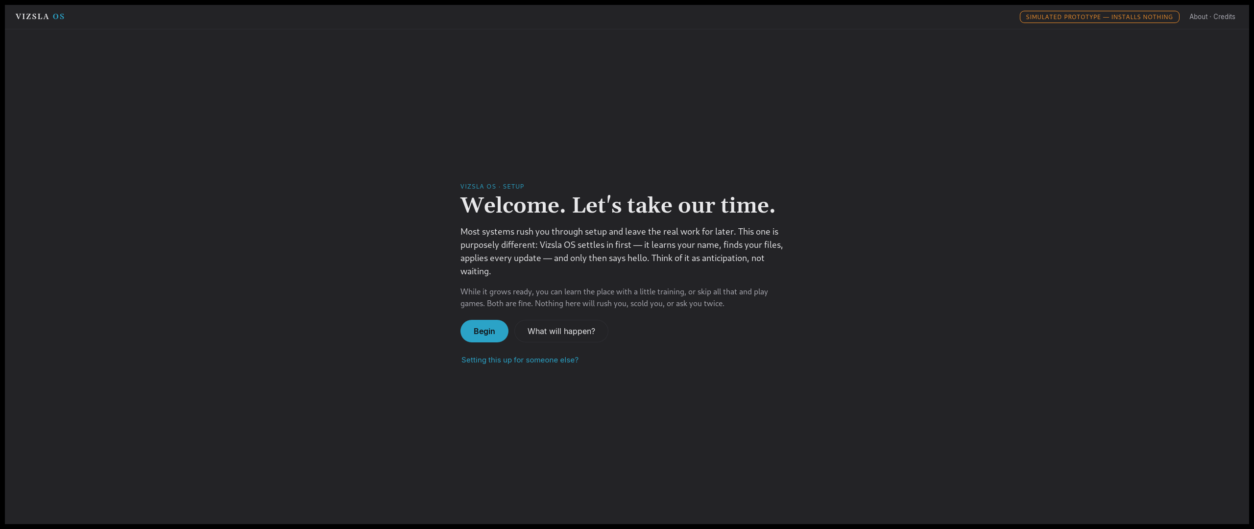 The installer&rsquo;s Welcome screen, in the dark Bondi theme, carrying its simulated-prototype badge