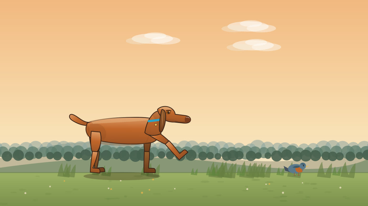 The screen saver&rsquo;s vizsla puppet standing on point in a meadow