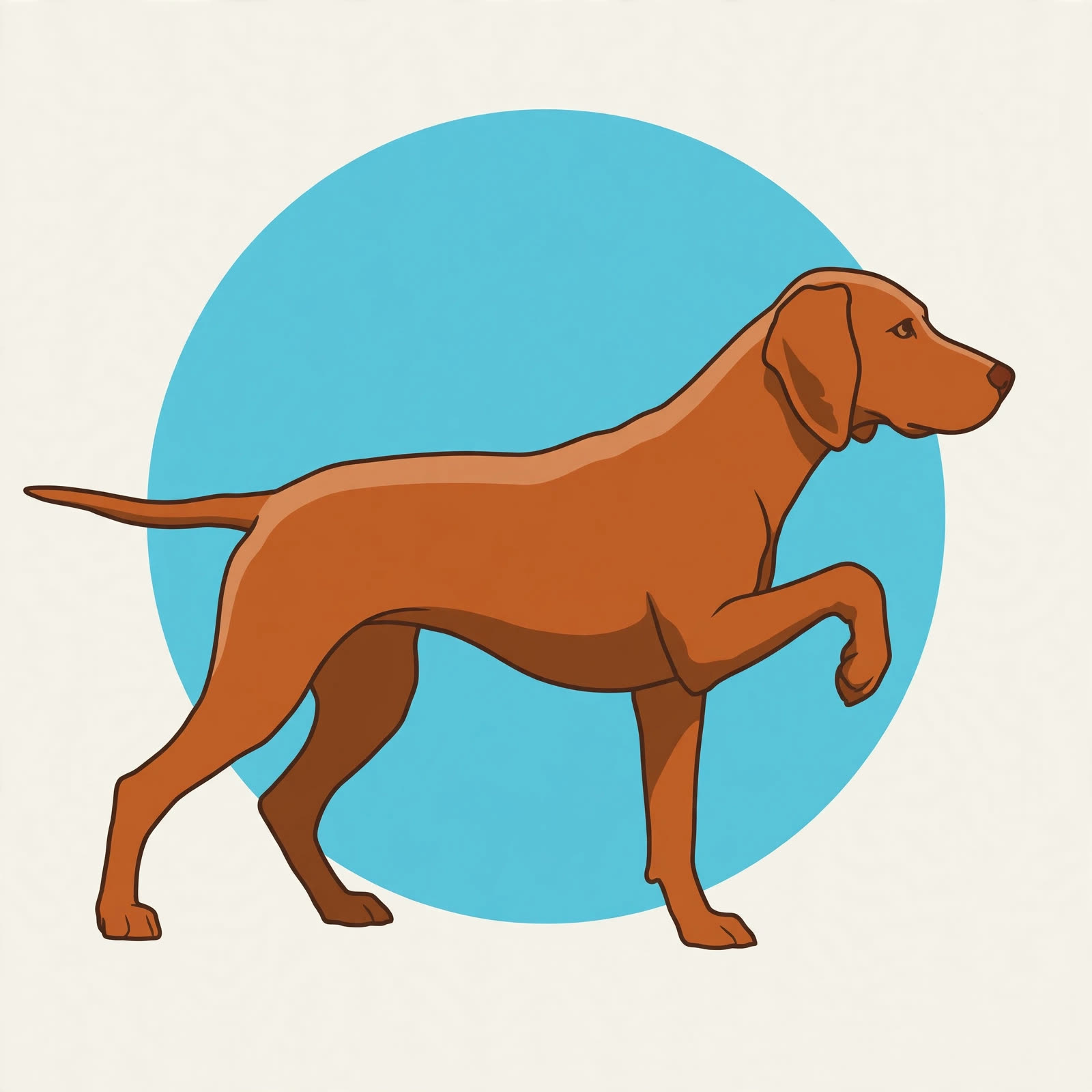 The Sniff Search vizsla, full-body on point on a teal disc