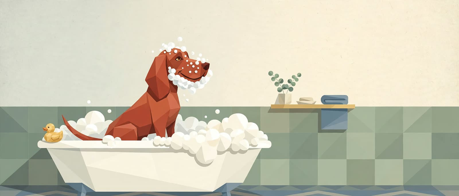 A vizsla in a clawfoot bathtub with a beard of bubbles and a rubber duck