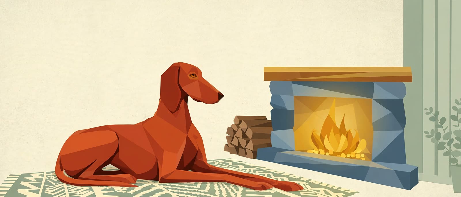 A vizsla lying on a rug before a lit stone fireplace
