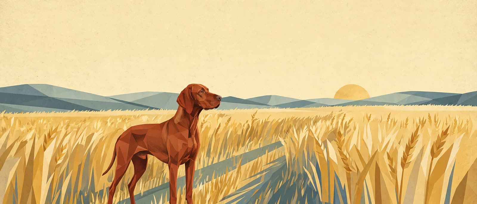 A faceted russet vizsla standing in a golden wheat field