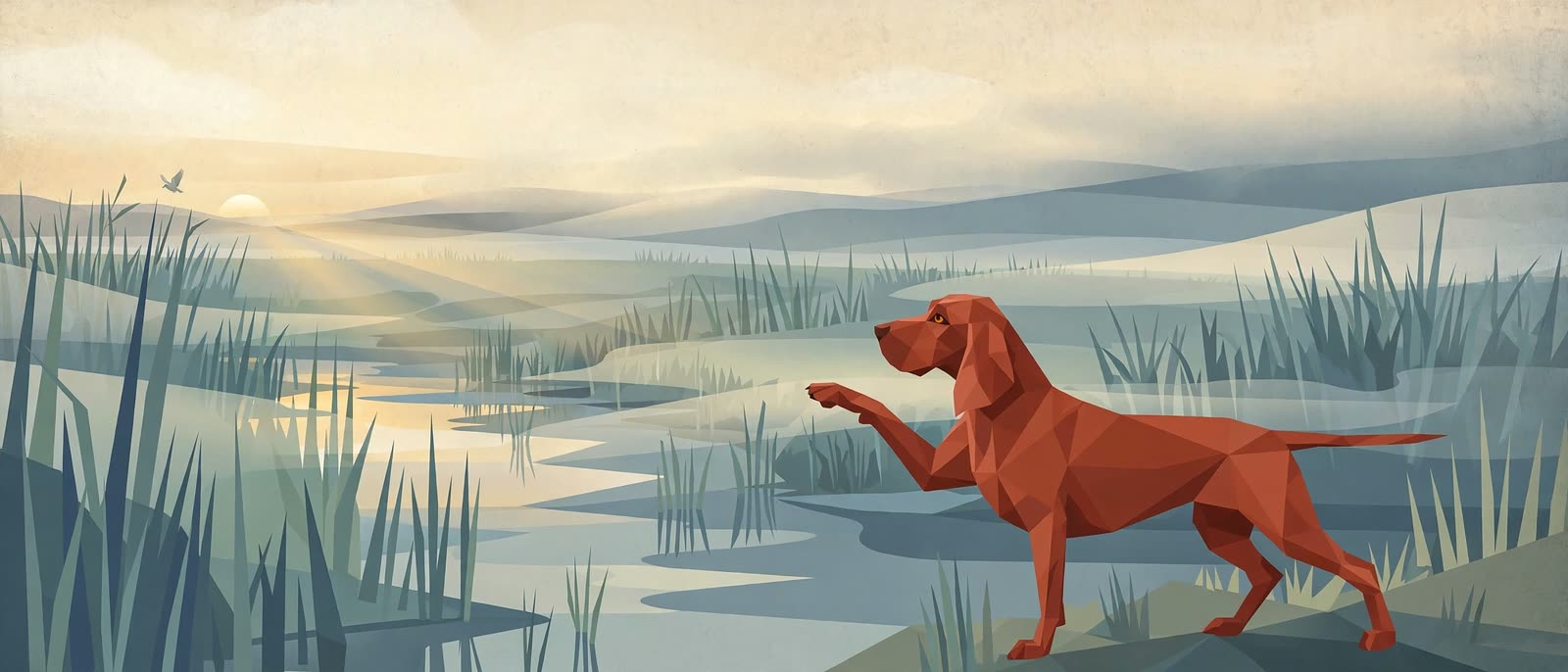 A vizsla on point in a misty marsh at dawn, a bird overhead