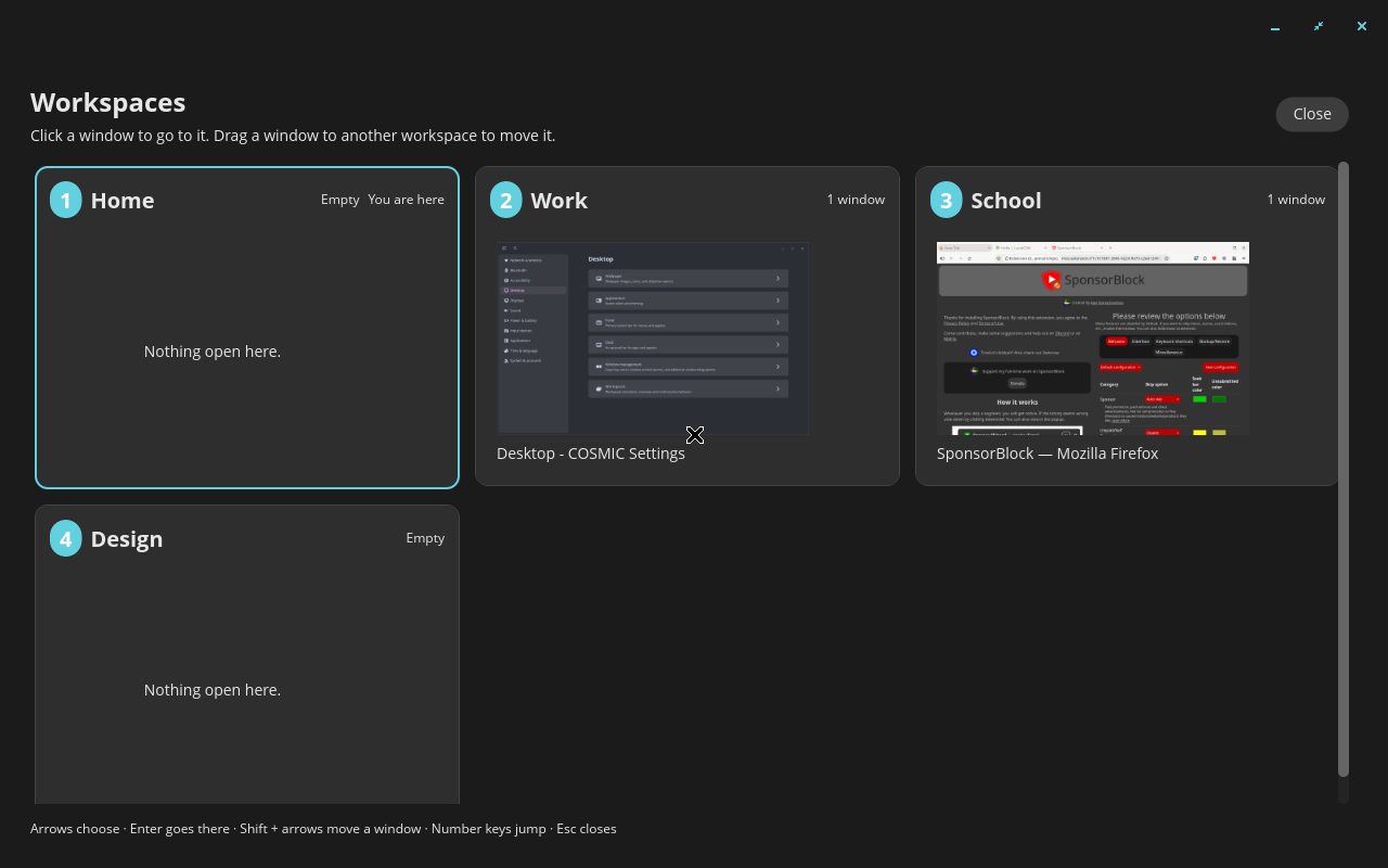 The Workspaces overview showing named workspaces — Home, Work, School, Design